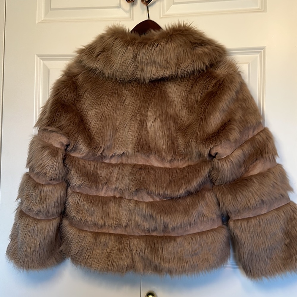 CHICOS Faux Suede Fur Jacket Burlywood Brown Size 1 or 8 fully lined - Picture 6 of 10